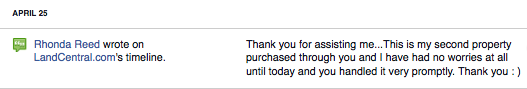 Thank you for assisting me...This is my second property purchased through you and I have had no worries at all until today and you handled it very promptly. Thank you : )